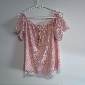 Pink Flutter Sleeve Tie Front Lace Off Shoulder Blouse
